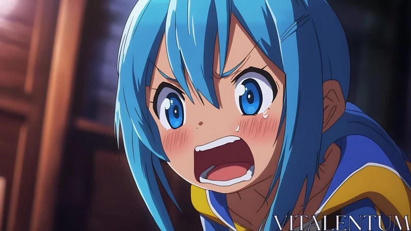 Blue haired anime heroine mid-meltdown in vivid outrage.