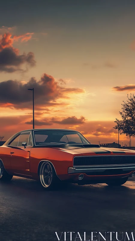 Sunset street muscle car rendered with moody cinematic lighting.