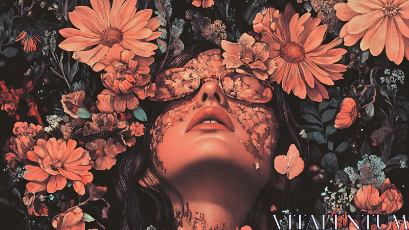 Surreal floral visage dissolves into blooming wilderness.