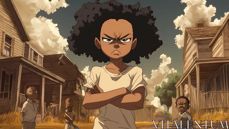 Defiant child stands in rundown rural neighborhood street.