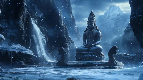 Snowborn mountain deity meditating in a crystal hush.