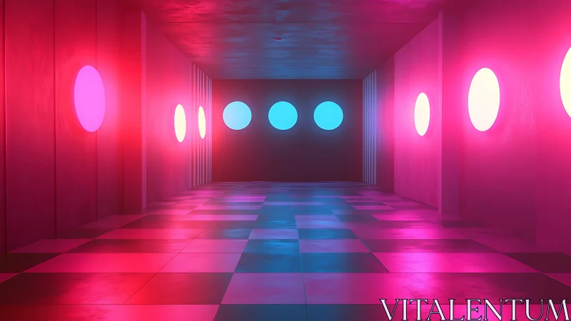 Neon corridor with circular portals and checkerboard floor.