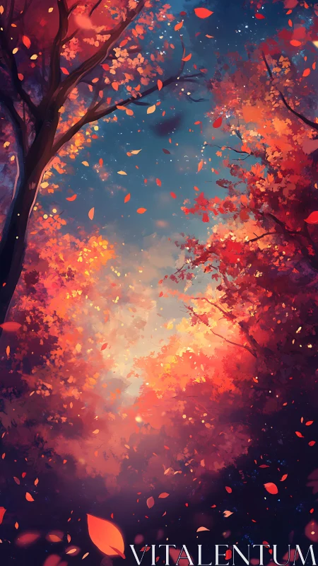 Autumn foliage canopy frames luminous sky in digital painting