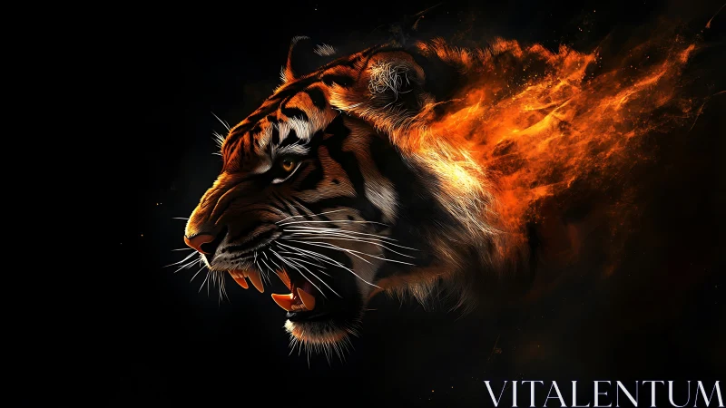Tiger head rendered in fire-like energy on black background