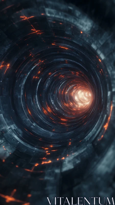 Futuristic metallic tunnel with glowing orange embers.