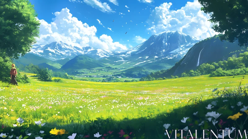Person stands in sunlit flower meadow before snowy mountains