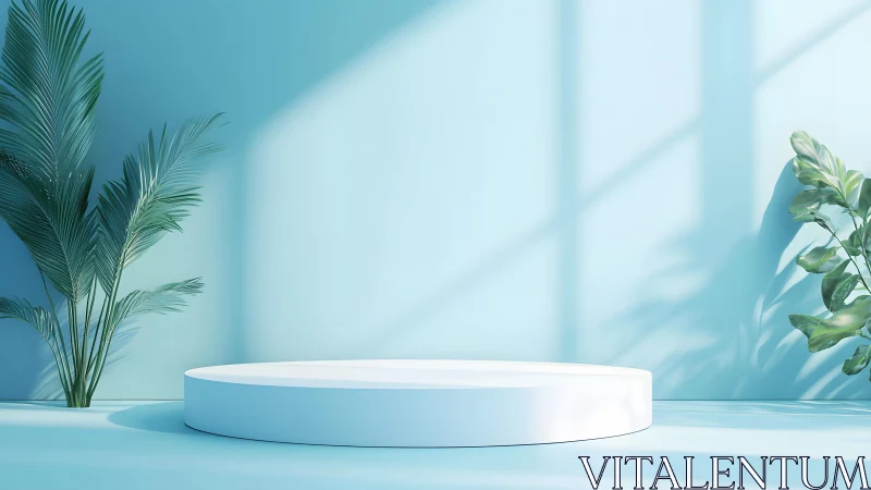 Minimalist round pedestal with tropical plants in soft blue light.