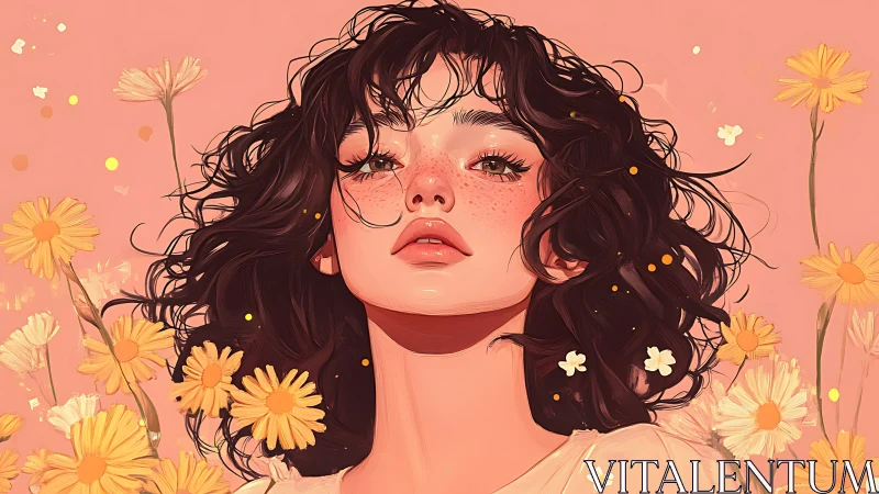 Digital portrait of freckled woman amid yellow daisies.