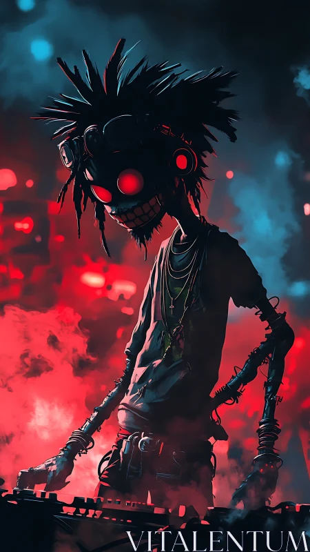 Cybernetic DJ figure stands in red and blue fog lighting