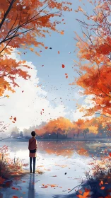 Person stands beside reflective lake under vivid autumn trees