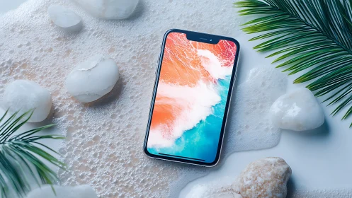 Smartphone rests on foamy sand beside white stones, palms.