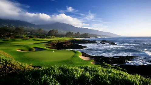 Oceanfront golf course under mountains at sunrise light.