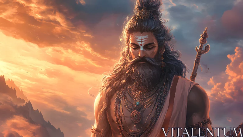 Divine warrior sage amid molten sunset cloudscape panorama.