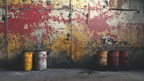 Industrial wall with peeling paint and colored oil drums.