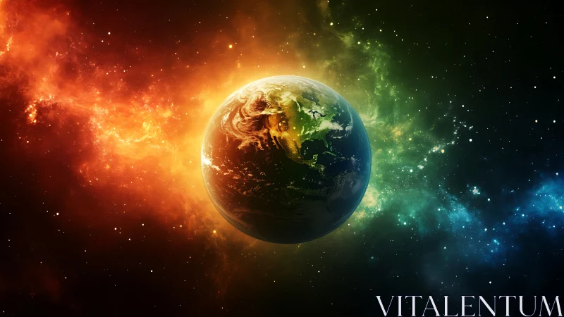 Planet Earth centered against multicolored nebula field.