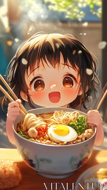Delighted child gazes at steaming ramen bowl in sunlight.