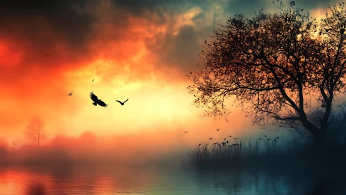 Tree, birds and misted lakeside rendered with intense backlight