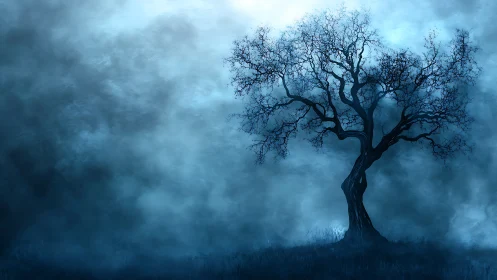 Lonely twilight tree rises quietly from the blue mist