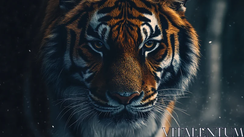 Close frontal view of tiger in dim forest environment.