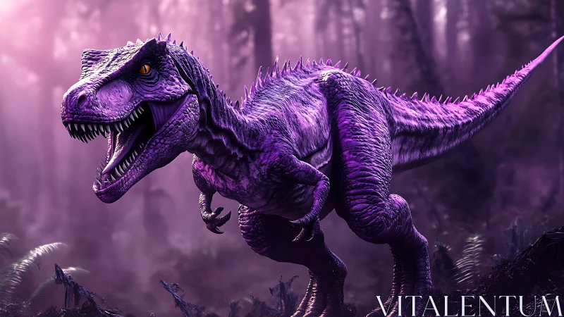 Purple tyrannosaurus in misty prehistoric forest scene.