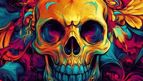 Vibrant neon skull glows amid swirling abstract colors