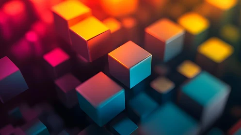 Neon Cubes in Orbit, Glowing Through a Midnight Grid.