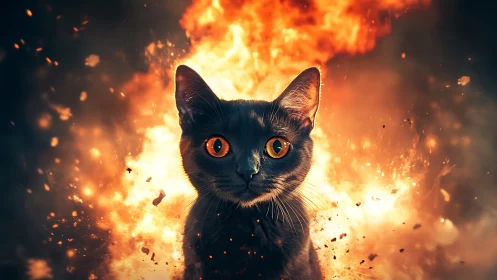 Feline Intensity: Dramatic Fire Composite with Piercing Gaze.