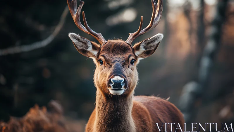 Portrait of a stag in shallow-depth woodland composition.