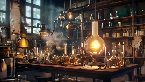 Steam-lit alchemy lab with glowing flask centerpiece.