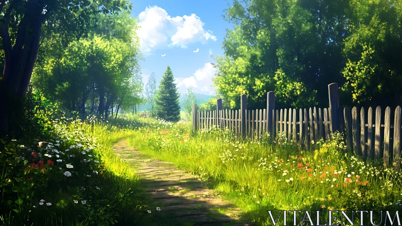 Sunlit rural path beside wooden fence and dense greenery.