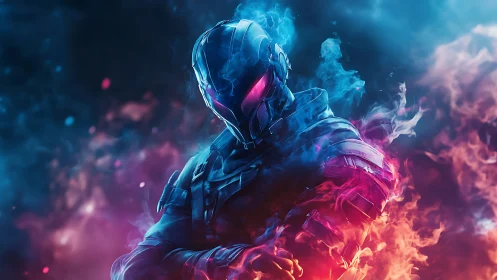 Neon armored warrior stands calm between swirling fire and ice
