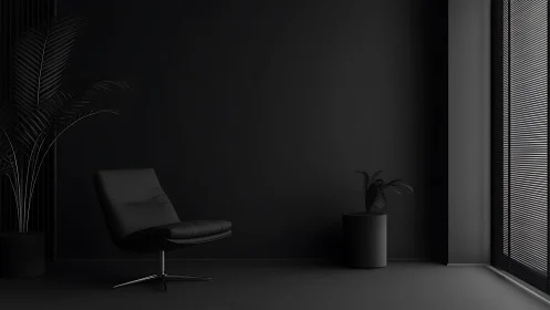 Minimal black lounge interior with chair and plants.