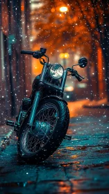 Lone city motorcycle glittering under neon snowfall hush.