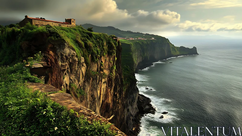 Coastal Fortress on Verdant Cliffs. Historic Stone Structure.