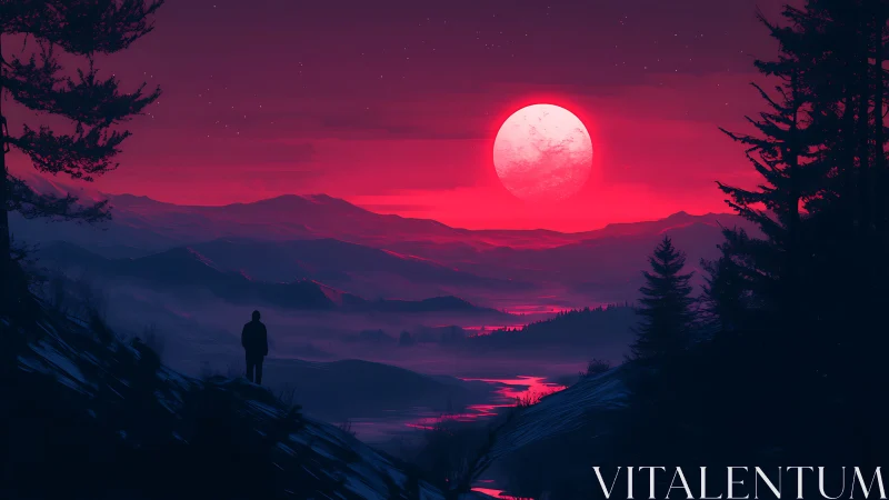 Solitary watcher under neon crimson lunar horizon.