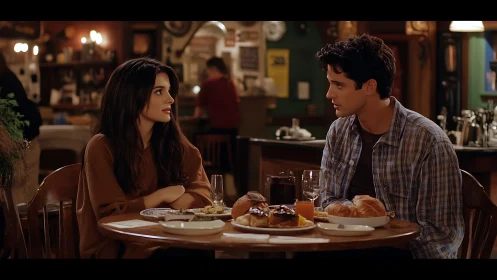 Intimate café dialogue over rustic breakfast setting.
