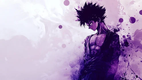 Purple anime warrior with intense gaze and dark energy.