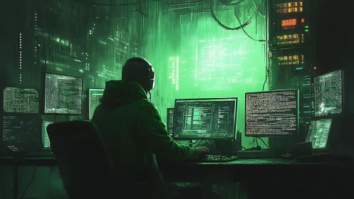 Midnight coder adrift in neon green datastreams of code.