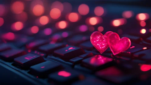 Neon Heart Bokeh on Dark Keyboard Surface.
