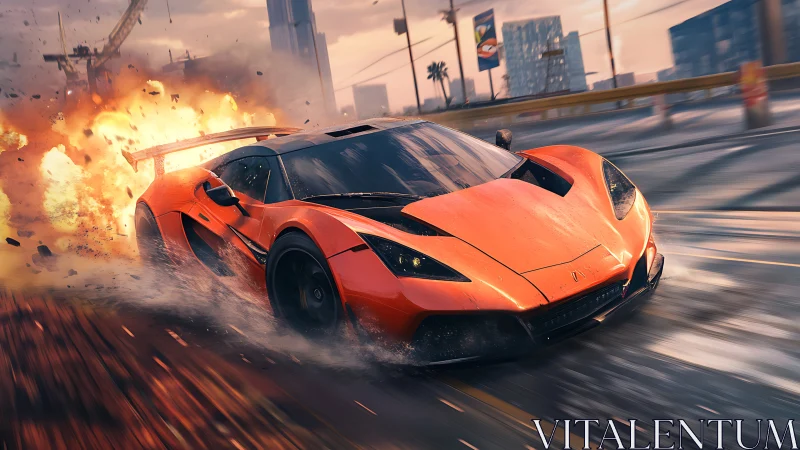 Orange supercar drifts through city street as explosion erupts