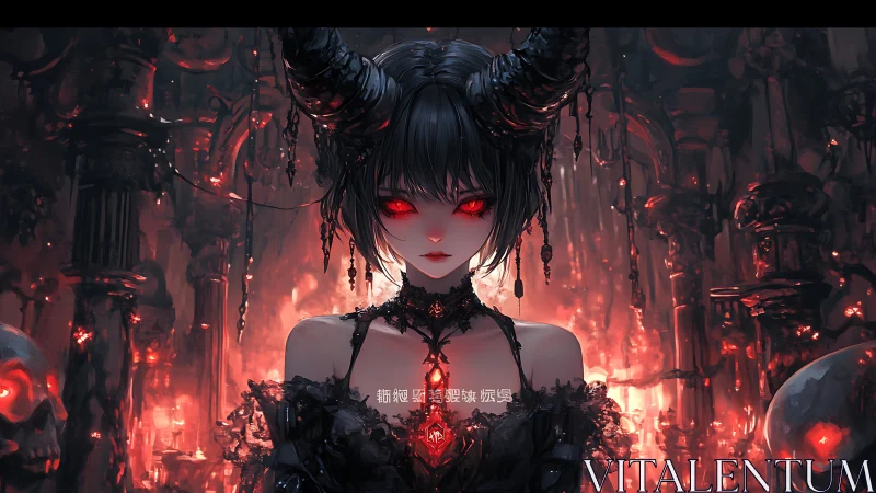 Dark horned maiden bathed in glowing crimson embers.