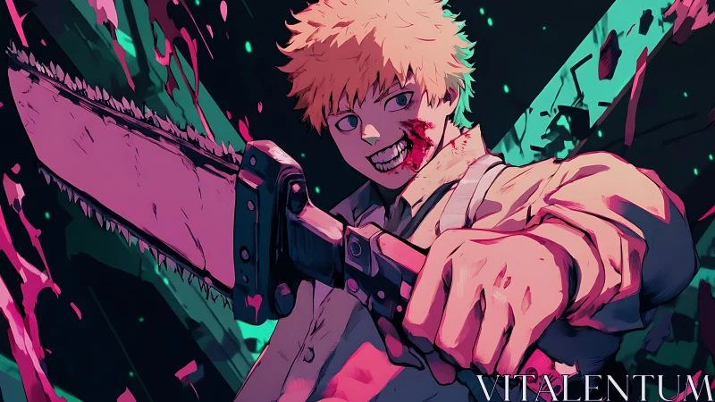 Bloody anime fighter holding huge chainsaw in battle pose.