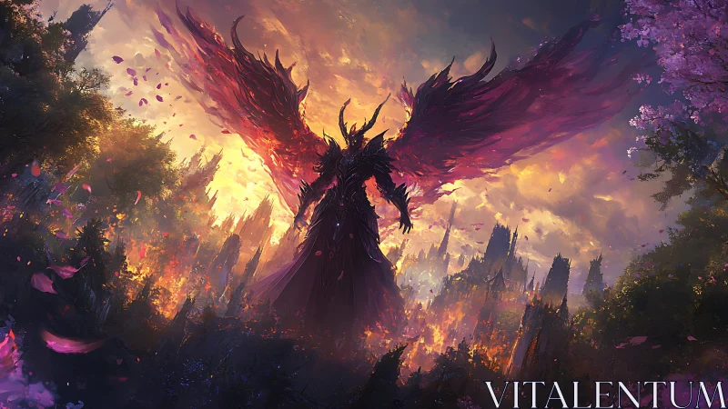 Winged dark figure over burning fantasy landscape at dusk.