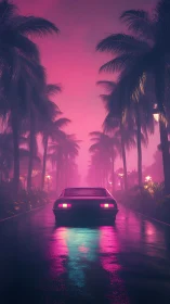 Neon retro car under palm trees on rain soaked boulevard.