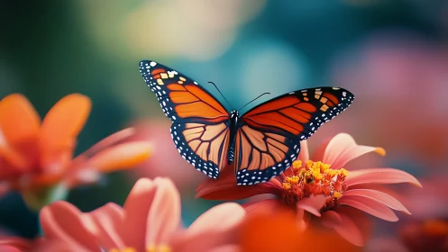 Monarch butterfly rests on coral blossoms in shallow focus field