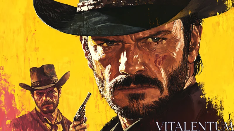 Digital western gunslinger portrait on yellow backdrop.
