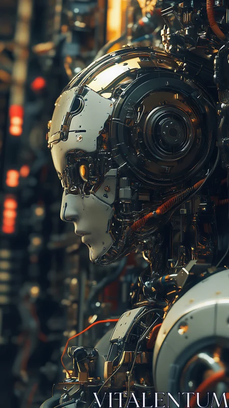 Cybernetic android profile glows within dense machine array.