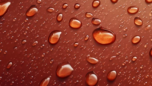 Close-up view of water droplets on smooth reddish surface.