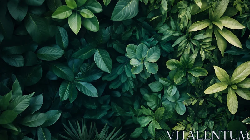 Dense overhead view of layered green tropical foliage.