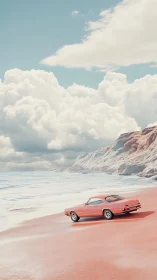 Pink classic car on pastel beach under bright clouded sky.